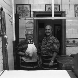 Two butchers in Chris Yianni butchers, Chalmers Street Redfern, 1983