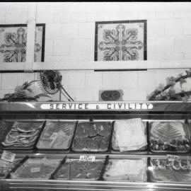 Meat on display, Chris Yianni butchers, Chalmers Street Redfern, 1983
