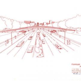 Plan - Proposed pedestrian overpass perspective, Hyde Park North and South, Park Street Sydney, 1972