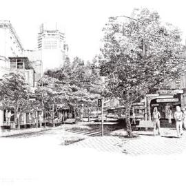 Plan - Original perspective pencil sketch of road improvements, Darlinghurst Road Potts Point, 1985