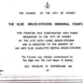 Plan - Plaque for Elsie Bruce-Stevens Memorial Fountain, Wynyard Park, York Street Sydney, no date