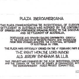Plan - Proposed plaque commemorating European settlement, Plaza Iberoamericana Surry Hills, 1989