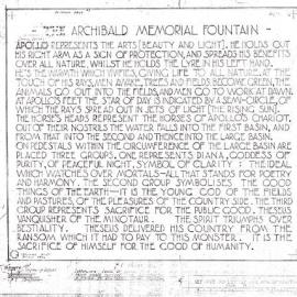 Plan - Descriptive plaque for the Archibald Memorial Fountain, Hyde Park Sydney, 1932