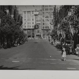 Street decorations and arch for royal visit of Queen Elizabeth II, Bridge Street Sydney, 1954