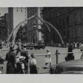 Arch decoration for royal visit of Queen Elizabeth II, Macquarie Street Sydney, 1954