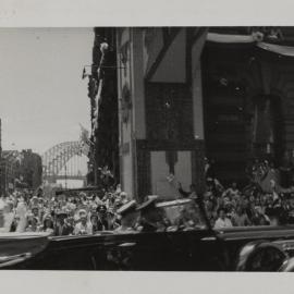 Royal car with Queen Elizabeth II for royal visit, corner of Bridge and Pitt Streets Sydney, 1954