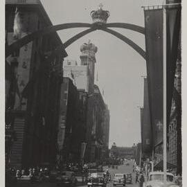 Street decorations for royal visit of Queen Elizabeth II, Martin Place Sydney, 1954