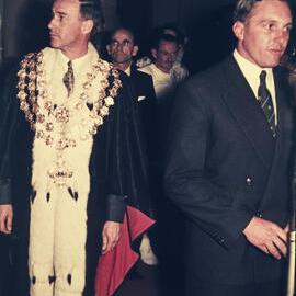 Lord Mayor Pat Hills and the torch for the 1956 Melbourne Olympic Games, Sydney Town Hall, 1956