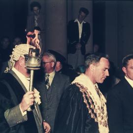 Lord Mayor Pat Hills and the torch for the 1956 Melbourne Olympic Games, Sydney Town Hall, 1956
