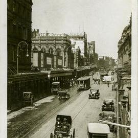 Postcard - Looking south along George Street towards Market Street Sydney, circa 1920