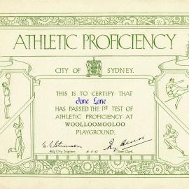 City of Sydney Athletic Proficiency Certificate - June Lane, 1947