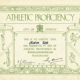 City of Sydney Athletic Proficiency Certificate - Marion Reid, 1947