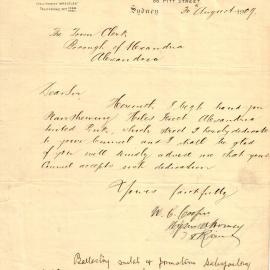 Accompanying letter to plan for Hiles Street [southerly from McEvoy St] Sept 1909. 