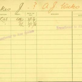 Staff Card - Wicks, AJ - employed 1921