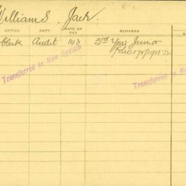 Staff Card - Williams, Jack - employed 1922