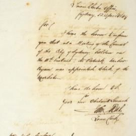 Letter - Informing that Patrick Maher Ryan was appointed Clerk of the Markets, 1849