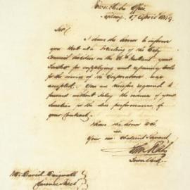 Letter - Informing Mr Duigwall his tender for supply and repairing of tools was accepted, 1849