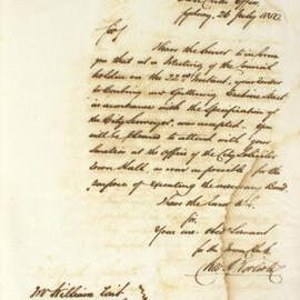 Letter - Tender accepted for curbing and guttering in Erskine Street with request for sureties, 1850