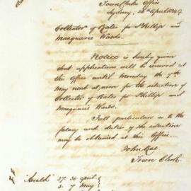 Letter - Call for applications for post of Collector of Rates for Phillip and Macquarie Wards, 1849