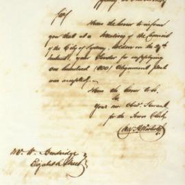 Letter - Notification of acceptance of his tender to supply one hundred alignment posts, 1849