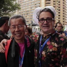 William Yang and Iggy Jones, College Street Sydney, pre Mardi Gras Parade, 2012