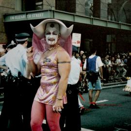 Pink Muscle Mary in religious drag pre Mardi Gras Parade, Elizabeth Street Sydney, 2000