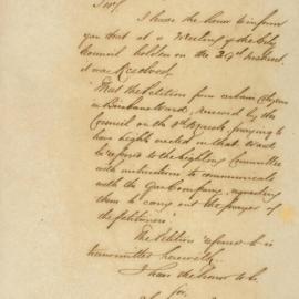 Letter - Petition for lights in Brisbane Ward referred to Lighting Committee 1852