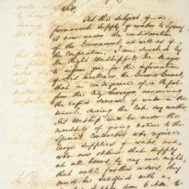 Letter - Restriction of water supply to large users and urgency of permanent water supply, 1852