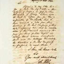 Letter - Installation of gas lighting at University of Sydney, 1852