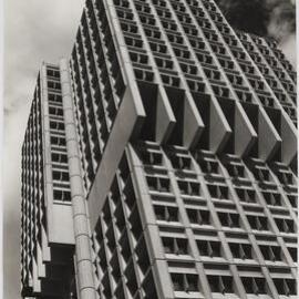 Exterior of Town Hall House looking skyward, Kent Street Sydney, circa 1977