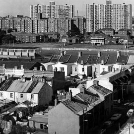 Site Fence Image - View east toward Redfern Oval from the corner of Phillip and Pitt Street Waterloo, 1978 