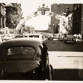 Street decorations for royal visit of Queen Elizabeth II, Macquarie Street Sydney, 1954