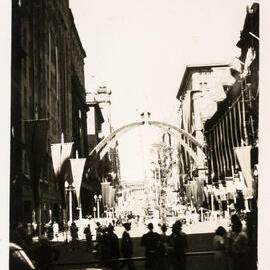 Street decorations for royal visit of Queen Elizabeth II, Martin Place Sydney, 1954