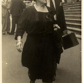 Emmeline Whiteman outside Mark Foy's building Sydney, no date