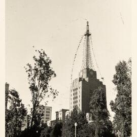 AWA Tower decorated for royal visit of Queen Elizabeth II, York Street Sydney, 1954