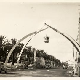 Arch decoration for royal visit of Queen Elizabeth II, Macquarie Street Sydney, 1954