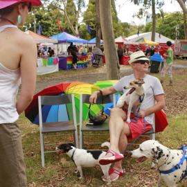 Mitch with his doggies waiting for crowds to arrive, Victoria Park, Mardi Gras Fair Day, 2011
