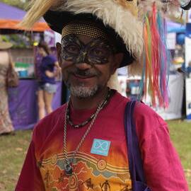 First Nations man with designer hat and t-shirt, Victoria Park, Mardi Gras Fair Day, 2012
