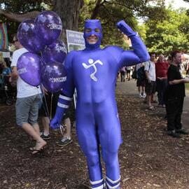 Blue lycra man promo for Fitness Gym, Victoria Park, Mardi Gras Fair Day, 2012