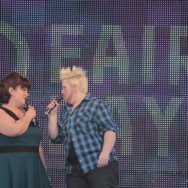Drag King and girlfriend doing a duet on stage, Victoria Park, Mardi Gras Fair Day, 2012