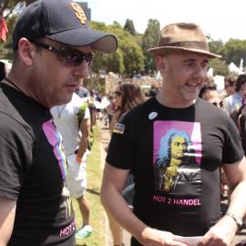 Two men in Hot 2 Handel t-shirts, Victoria Park, Mardi Gras Fair Day, 2012