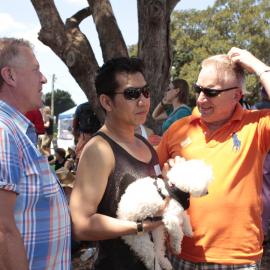 Three men and a very cute little white dog, Victoria Park, Mardi Gras Fair Day, 2012