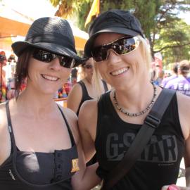 Happy lesbians in classic black, Victoria Park, Mardi Gras Fair Day, 2012