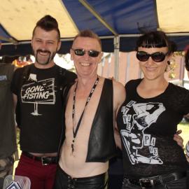 Leather Pride group of friends on their stall, Victoria Park, Mardi Gras Fair Day, 2012