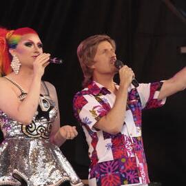 Bob Downe and Drag Queen on stage, Victoria Park, Mardi Gras Fair Day, 2012