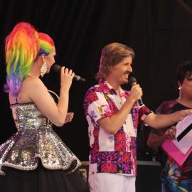 Bob Downe and Drag Queens on stage at Victoria Park, Mardi Gras Fair Day, 2012