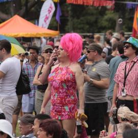 Drag queen in pink, Victoria Park, Mardi Gras Fair Day, 2012