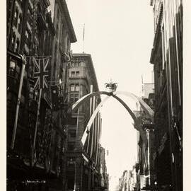 Arch decoration for royal visit of Queen Elizabeth II, Pitt Street Sydney, 1954
