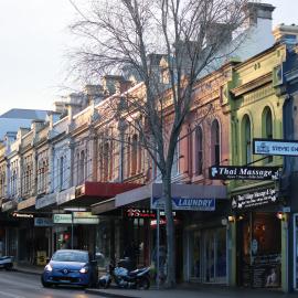 Sunlight fading on shops, Glebe Point Road, Glebe, 2018