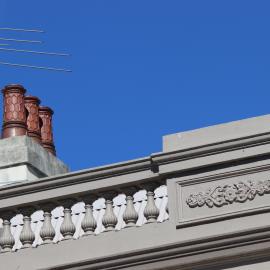 Fancy chimney pots, and façade, Glebe Point Road, Glebe, 2018